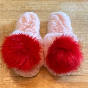 Fluffy Pink Slippers with Red Pom Poms